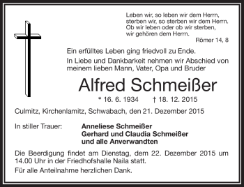 Traueranzeige von Alfred Schmeißer von Frankenpost