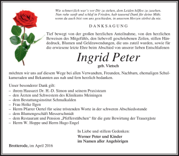 Traueranzeige von Ingrid Peter von Südthüringer Presse
