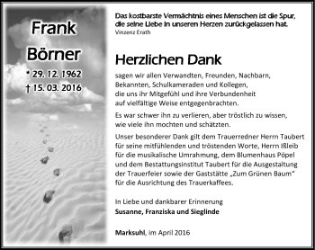 Traueranzeige von Frank Börner von Südthüringer Presse