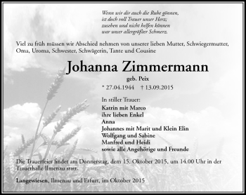 Traueranzeige von Johanna Zimmermann von Südthüringer Presse