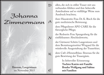 Traueranzeige von Johanna Zimmermann von Südthüringer Presse