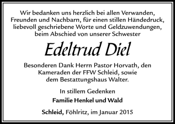 Traueranzeige von Edeltrud Diel von Südthüringer Presse