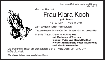 Traueranzeige von Klara Koch von Frankenpost