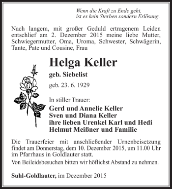 Traueranzeige von Helga Keller von Südthüringer Presse