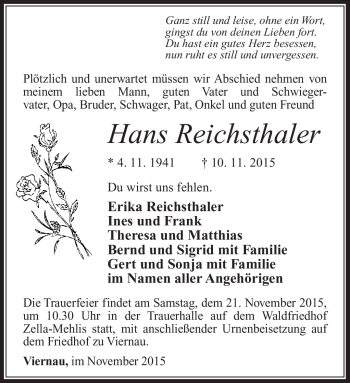 Traueranzeige von Hans Reichsthaler von Südthüringer Presse