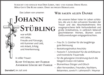 Traueranzeige von Johann Stübling von Südthüringer Presse
