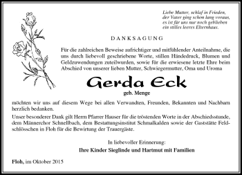 Traueranzeige von Gerda Eck von Südthüringer Presse