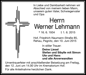 Traueranzeige von Werner Lehmann von Frankenpost