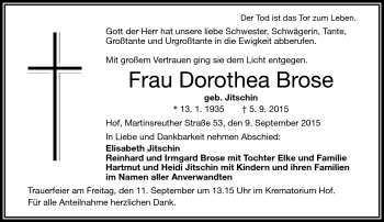 Traueranzeige von Dorothea Brose von Frankenpost