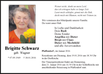Traueranzeige von Brigitte Schwarz von Neue Presse Coburg