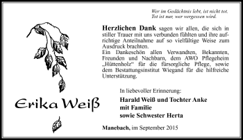 Traueranzeige von Erika Weiß von Südthüringer Presse