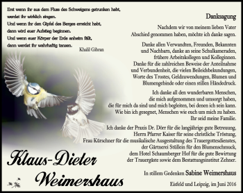 Traueranzeige von Klaus-Dieter Weimershaus von Südthüringer Presse