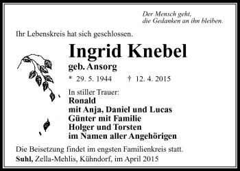 Traueranzeige von Ingrid Knebel von Südthüringer Presse