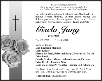 Traueranzeige von Gisela Jung von Südthüringer Presse