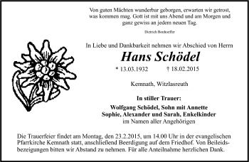 Traueranzeige von Hans Schödel von Frankenpost