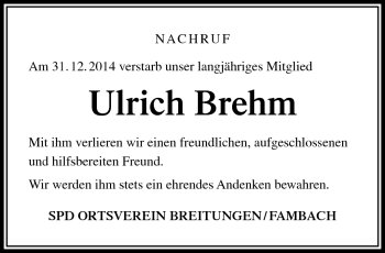 Traueranzeige von Ulrich Brehm von Südthüringer Presse