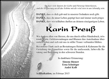Traueranzeige von Karin Preuß von Südthüringer Presse