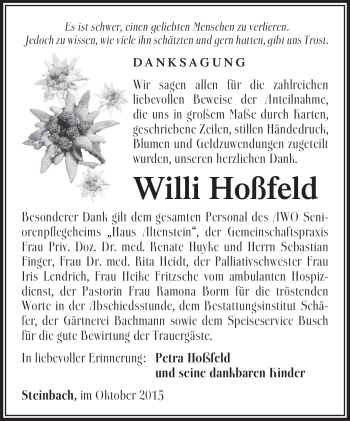 Traueranzeige von Willi Hoßfeld von Südthüringer Presse
