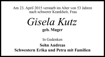 Traueranzeige von Gisela Kutz von Südthüringer Presse
