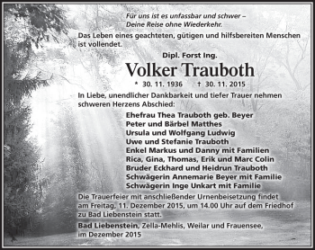 Traueranzeige von Volker Trauboth von Südthüringer Presse