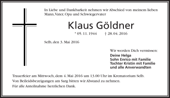 Traueranzeige von Klaus Göldner von Frankenpost
