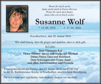 Traueranzeige von Susanne Wolf von Neue Presse Coburg