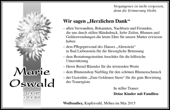 Traueranzeige von Marie Oswald von Südthüringer Presse