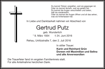 Traueranzeige von Gertrud Putz von Frankenpost
