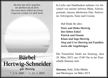 Traueranzeige von Bärbel Hertwig-Schneider von Südthüringer Presse