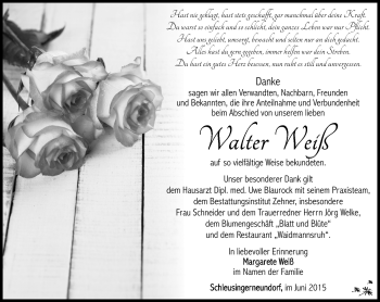 Traueranzeige von Walter Weiß von Südthüringer Presse