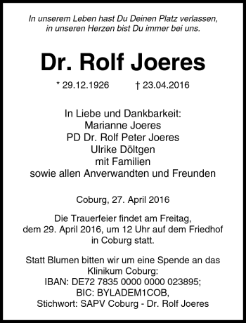 Traueranzeige von Rolf Joeres von Neue Presse Coburg