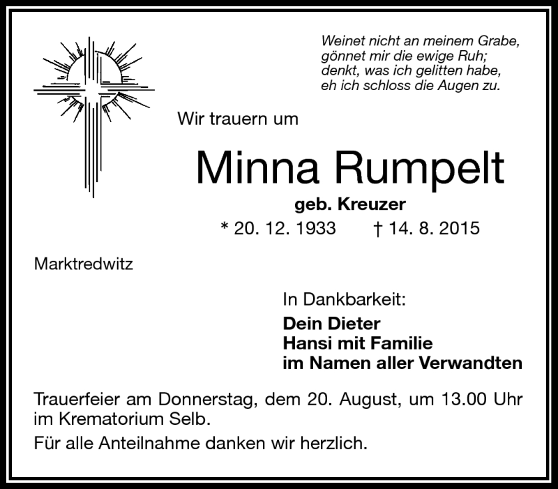  Traueranzeige für Minna Rumpelt vom 18.08.2015 aus Frankenpost