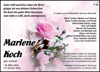Traueranzeige von Marlene Koch von Südthüringer Presse