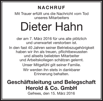Traueranzeige von Dieter Hahn von Frankenpost