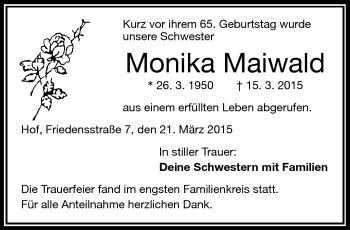 Traueranzeige von Monika Maiwald von Frankenpost