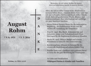 Traueranzeige von August Rohm von Südthüringer Presse