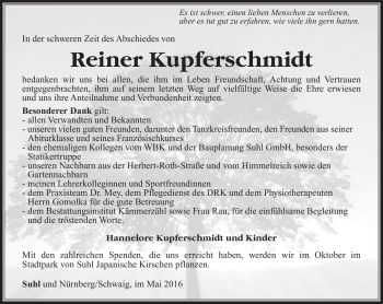 Traueranzeige von Reiner Kupferschmidt von Südthüringer Presse