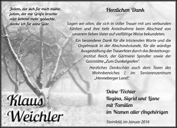Traueranzeige von Klaus Weichler von Südthüringer Presse