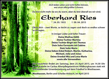 Traueranzeige von Eberhard Ries von Südthüringer Presse