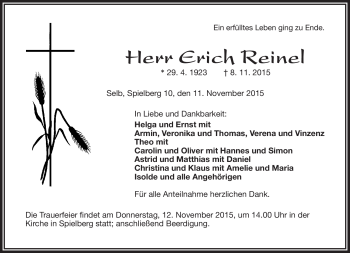 Traueranzeige von Erich Reinel von Frankenpost