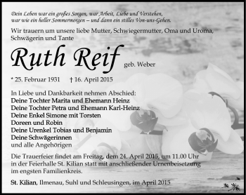 Traueranzeige von Ruth Reif von Südthüringer Presse
