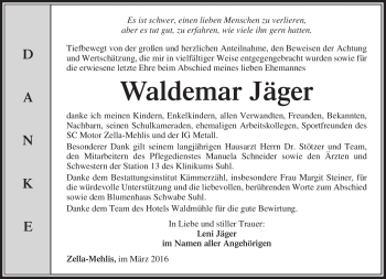 Traueranzeige von Waldemar Jäger von Südthüringer Presse