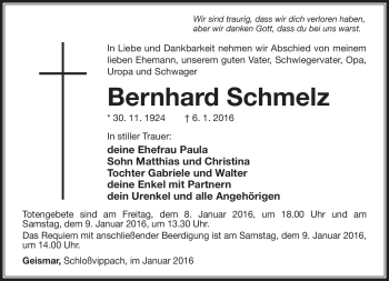 Traueranzeige von Bernhard Schmelz von Südthüringer Presse