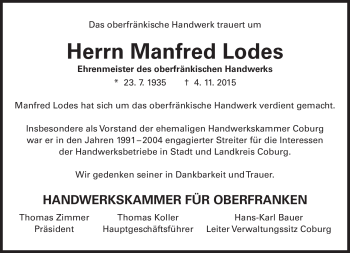 Traueranzeige von Manfred Lodes von Neue Presse Coburg
