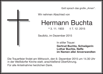 Traueranzeige von Hermann Buchta von Frankenpost