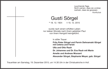 Traueranzeige von Gusti Sörgel von Frankenpost