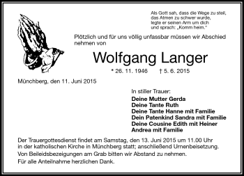 Traueranzeige von Wolfgang Langer von Frankenpost