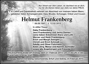 Traueranzeige von Helmut Frankenberg von Südthüringer Presse