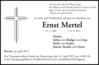 Traueranzeige von Ernst Mertel von Neue Presse Coburg