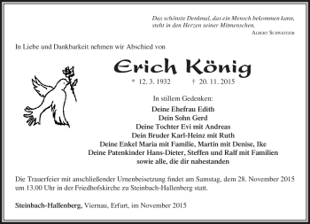 Traueranzeige von Erich König von Südthüringer Presse